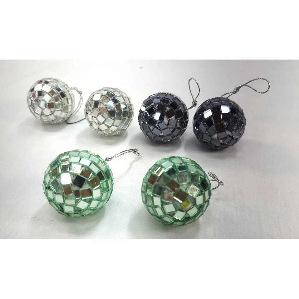 6 Mirror Ball Ornaments 2 Silver 2 Charcoal 2 Mint Green Christmas 1.5